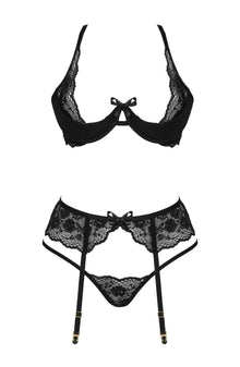 Bras Beauty Night BN6721 Rose Lace Bra, Garter & Thong Set – Black