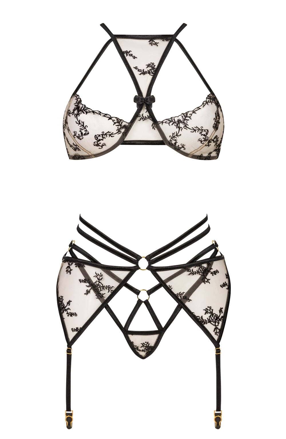 Lingerie Sets Beauty Night BN6691 Aisha Lace Bra, Garter & Thong Set – Black