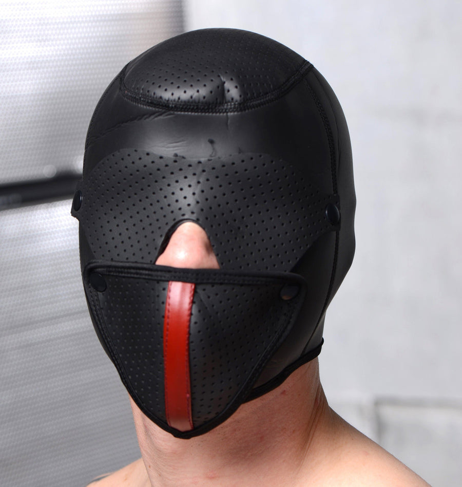 Master Series Scorpion black neoprene bondage hood with removable blindfold and face mask