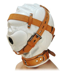 Beginner Bondage Total Sensory Deprivation White Leather Hood - MediumLarge