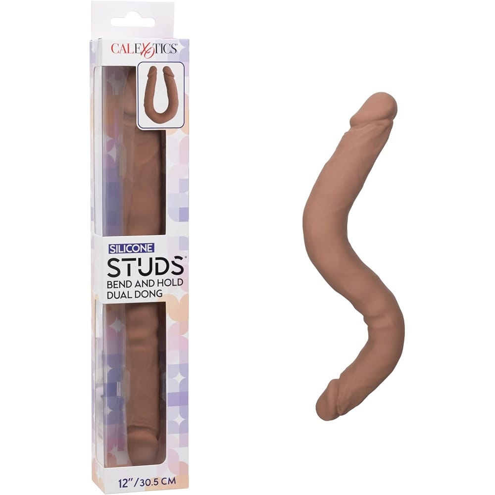Bendable Dildos Silicone Studs Bend and Hold Dual Dong 12 Inch - Brown