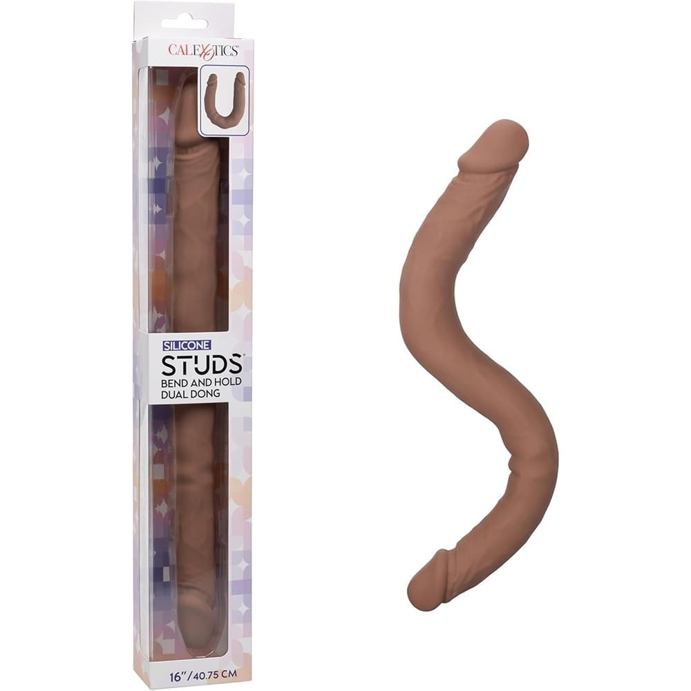 Bendable Dildos Silicone Studs Bend and Hold Dual Dong 16 Inch - Brown