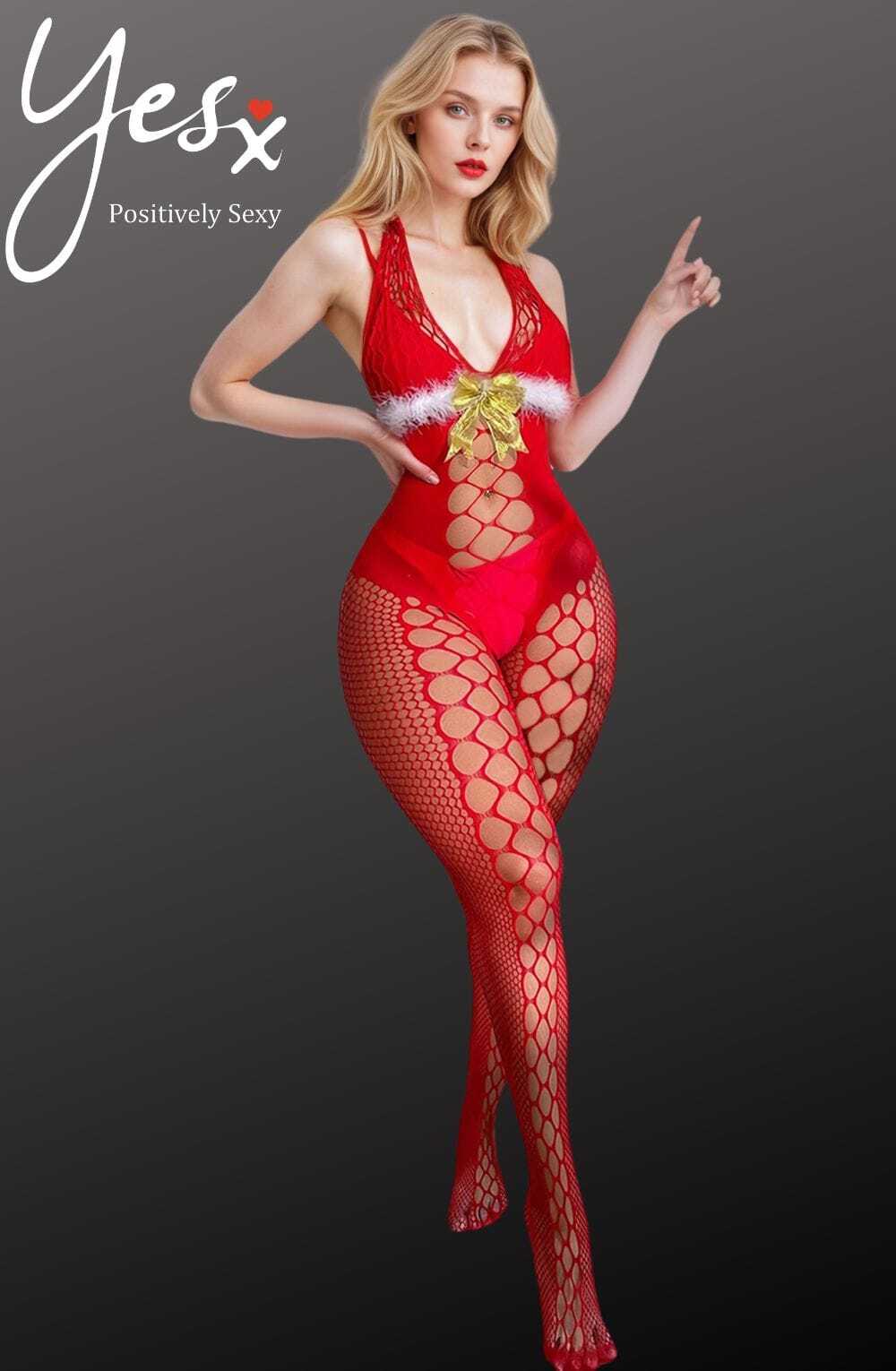 Bodystocking RED / ONE SIZE (S-L) YesX YX876 Christmas Fluffy Bodystocking