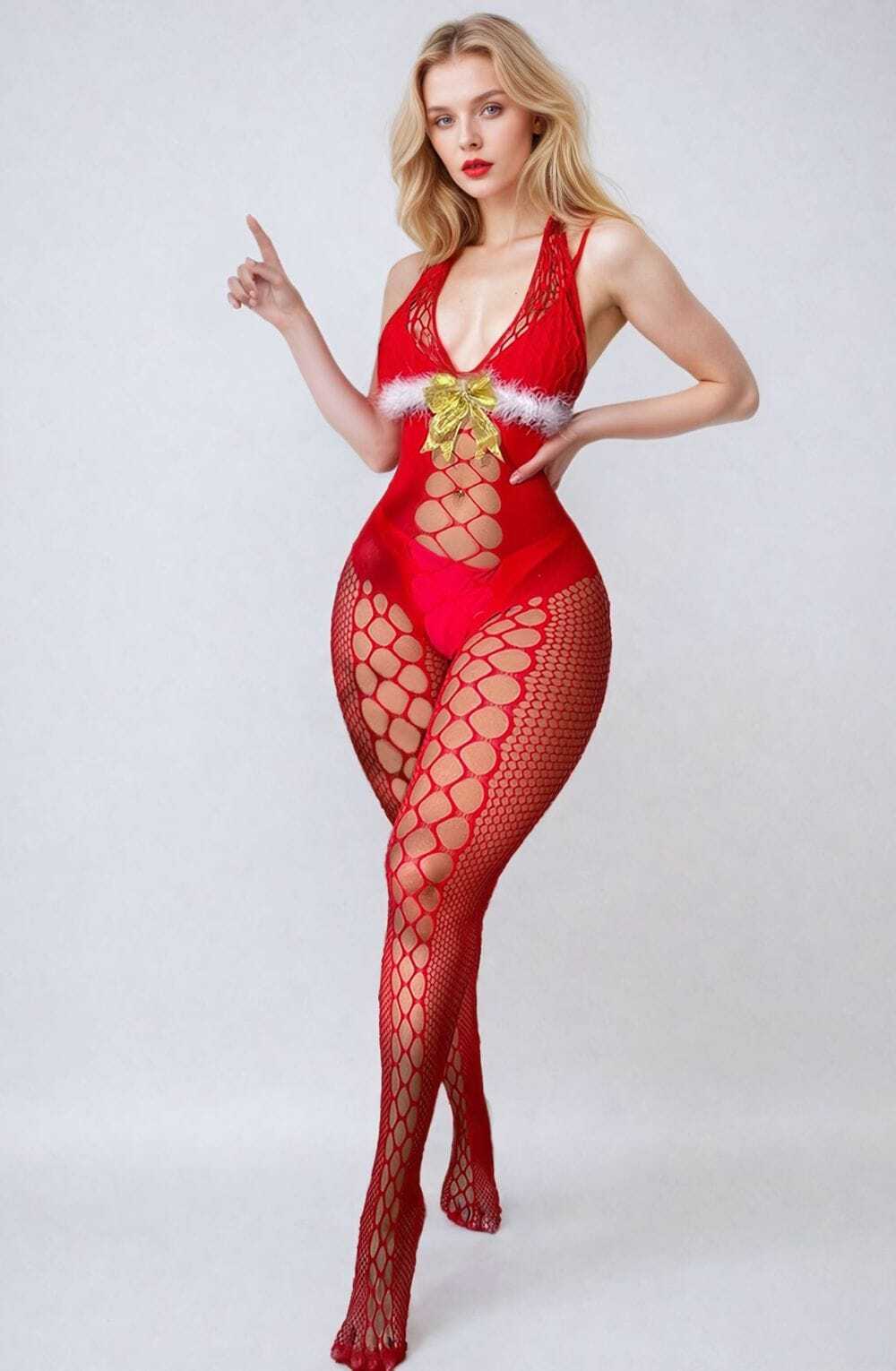 Bodystocking RED / ONE SIZE (S-L) YesX YX876 Christmas Fluffy Bodystocking