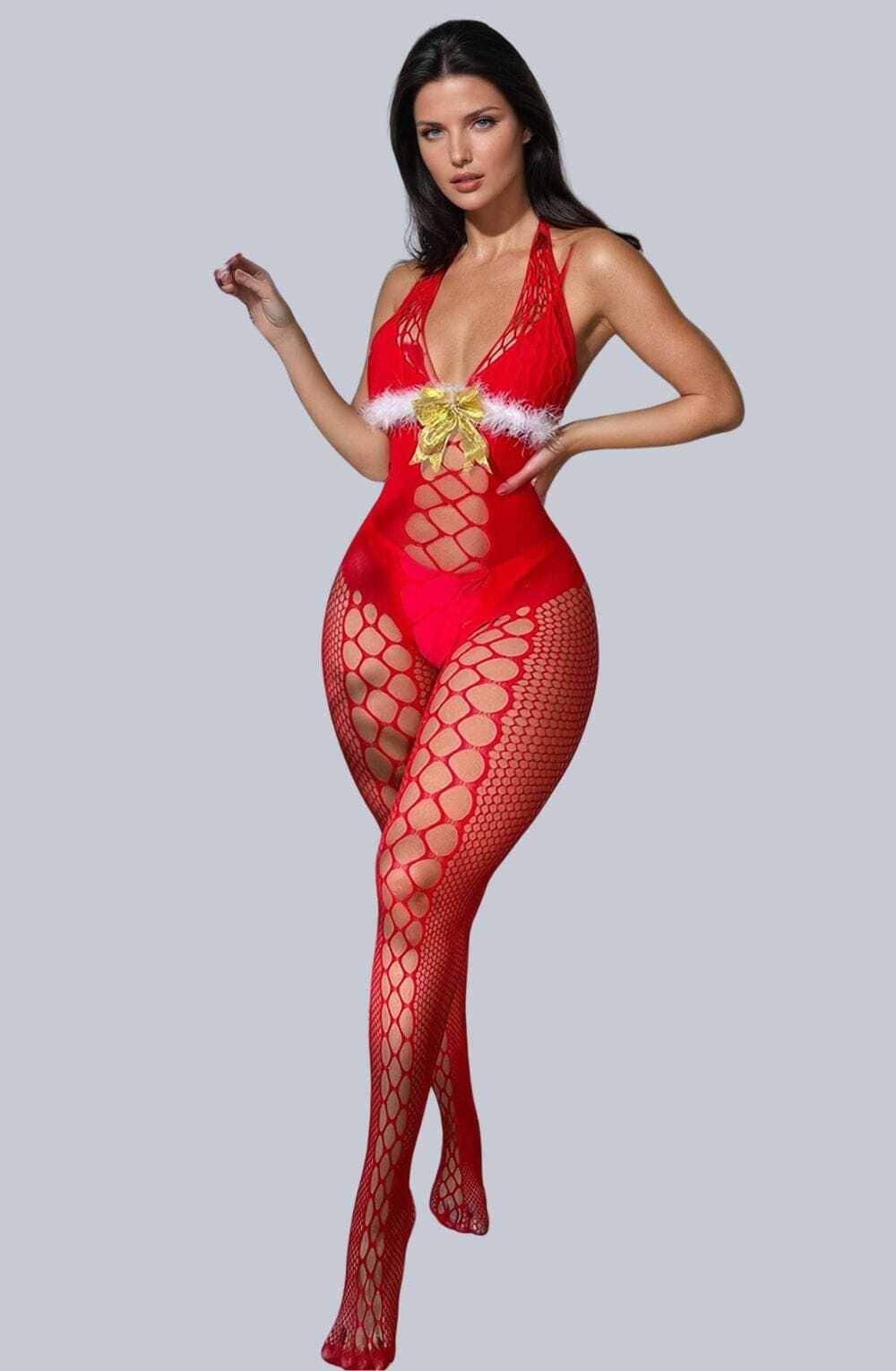 Bodystocking RED / ONE SIZE (S-L) YesX YX876 Christmas Fluffy Bodystocking
