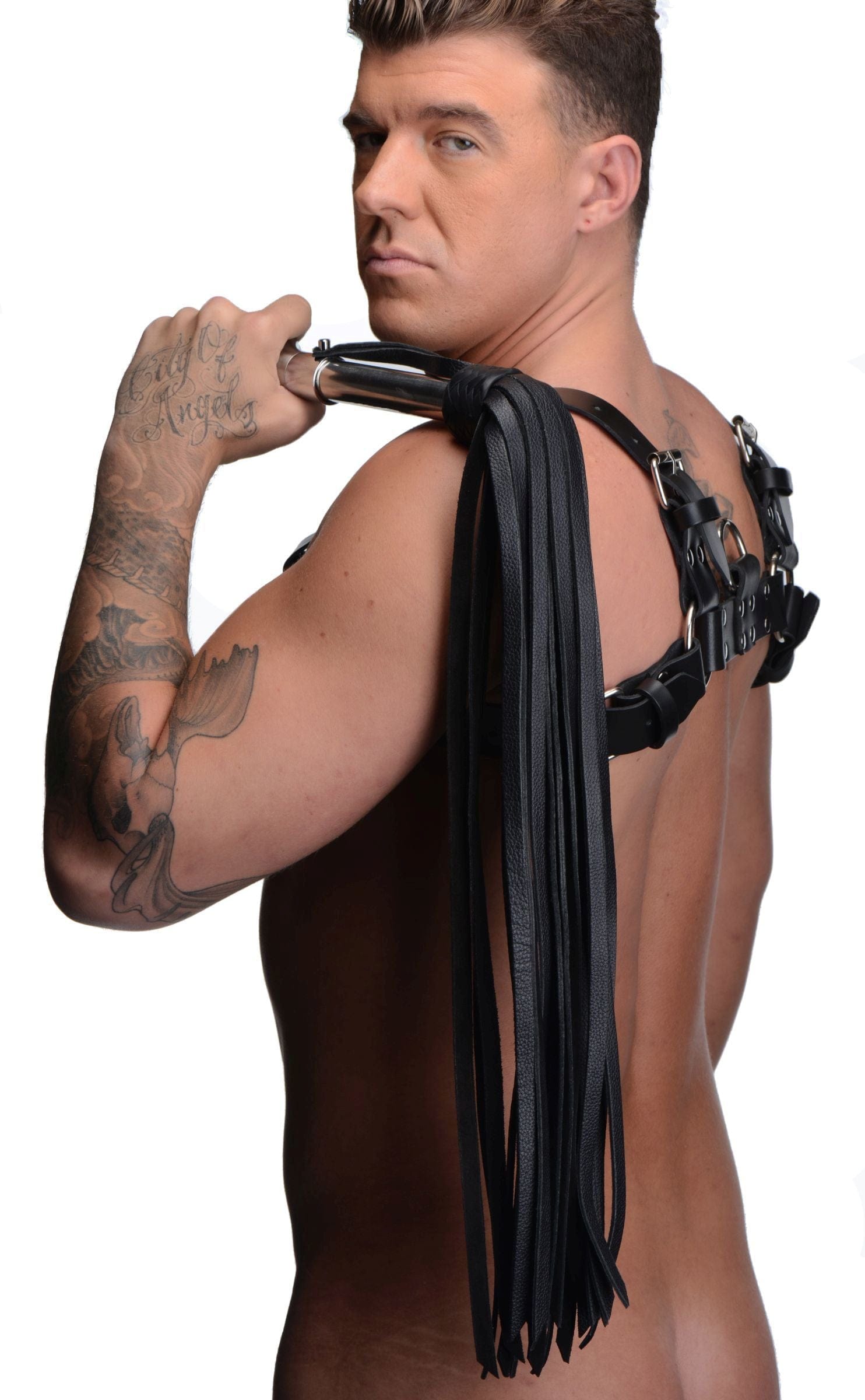 Bondage Gear Leather Flogger with Stainless Steel Handle