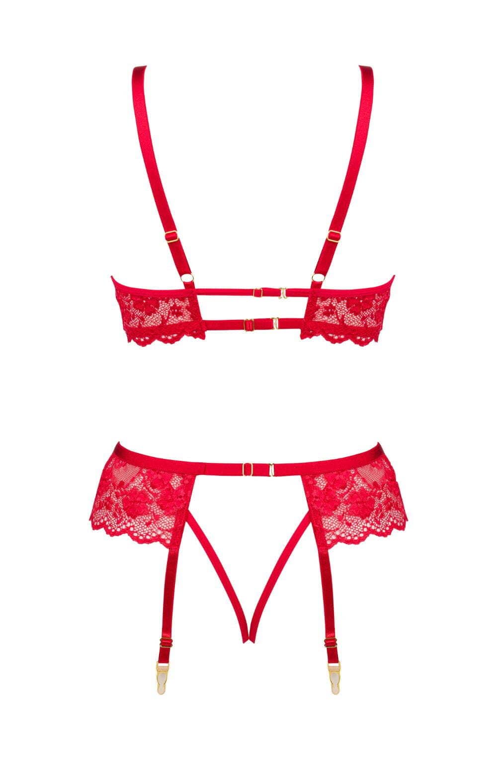 Bras Beauty Night BN6696 Rose Lace Bra, Garter & Thong Set – Red