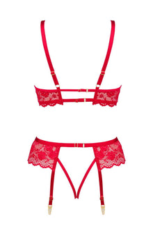 Bras Beauty Night BN6696 Rose Lace Bra, Garter & Thong Set – Red