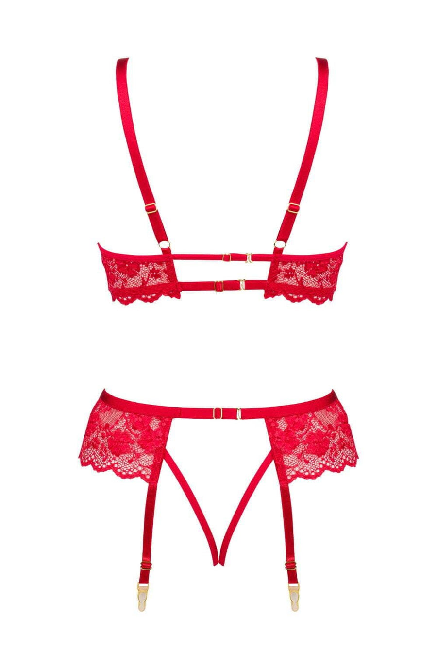 Bras Beauty Night BN6696 Rose Lace Bra, Garter & Thong Set – Red