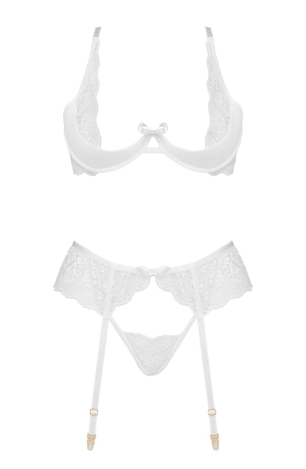 Bras Beauty Night BN6722 Rose Lace Bra, Garter & Thong Set – White