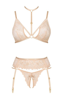 Bras Beauty Night BN6723 Noemi Lace Bra, Garter & Open Thong Set – Nude