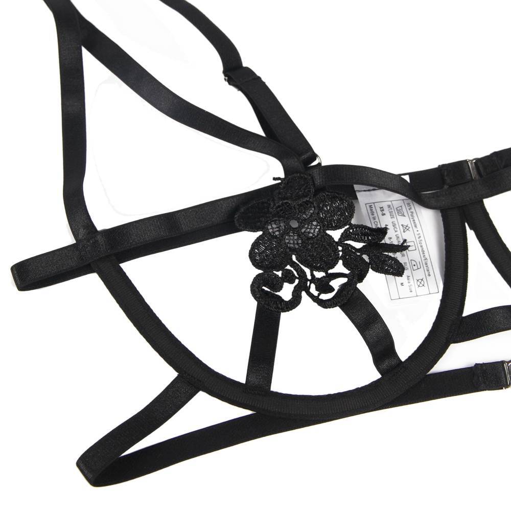 Bras YesX YX867 Embroidered Bra, Garter & Thong Set – Black