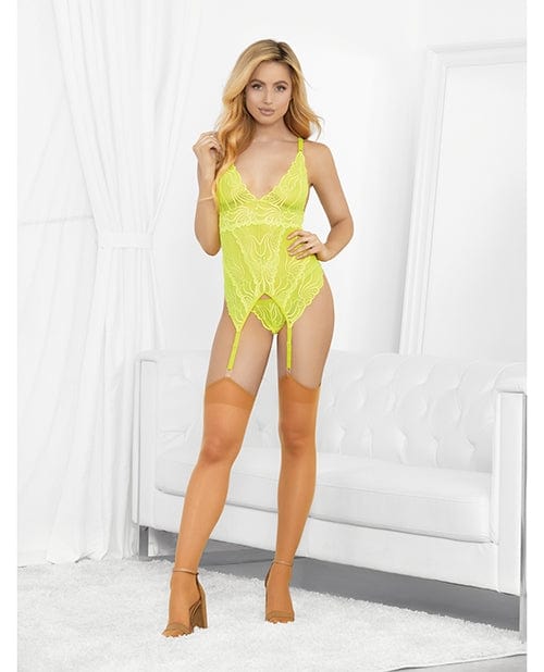 Escante neon lime bustier set with nude hose and G-string, size Large