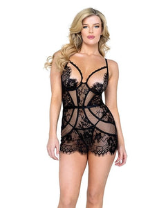 Chemises Femme Fatale Scalloped Eyelash Lace & Mesh  Chemise & Thong Black SM