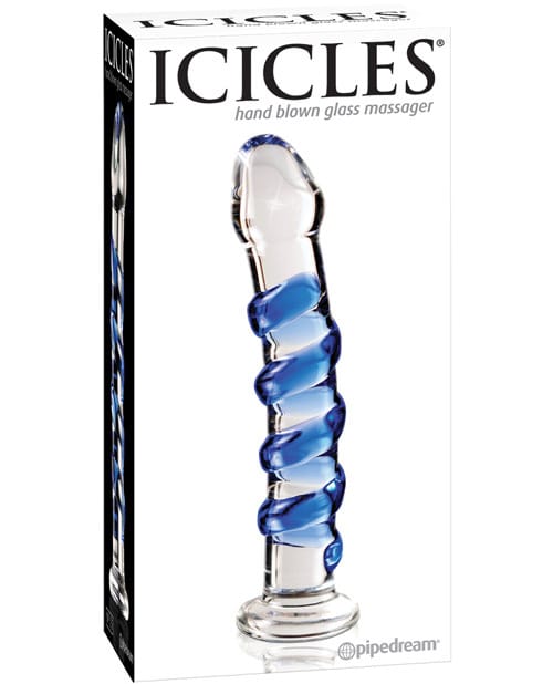 Dildos Icicles No. 5 Hand Blown Glass Massager - Clear w/Blue Swirls