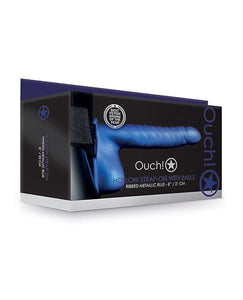Dongs & Dildos for Harness Shots Ouch 8" Ribbed Hollow Strap On w/Balls - Metallic Blue