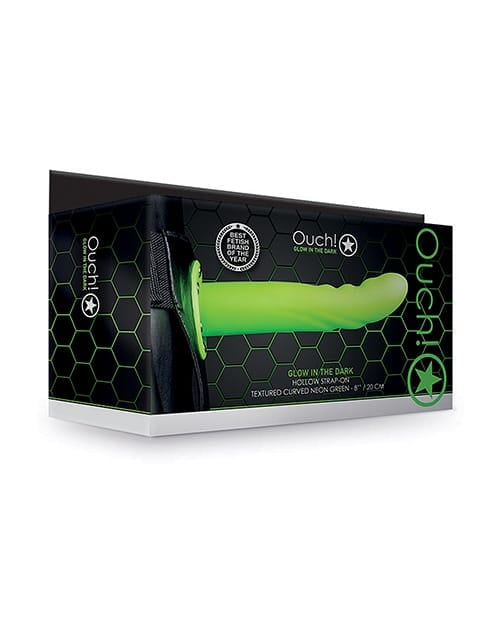 Dongs & Dildos for Harness Shots Ouch 8" Textured Curved Hollow Strap On - Glow in the Dark