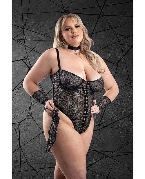 Fantasy/Bedroom Play Into My Web Lace-up Teddy 4 pc Set - Black 1X/2X
