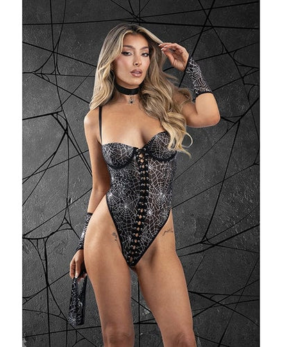Fantasy/Bedroom Play Into My Web Lace-up Teddy 4 pc Set - Black L/XL