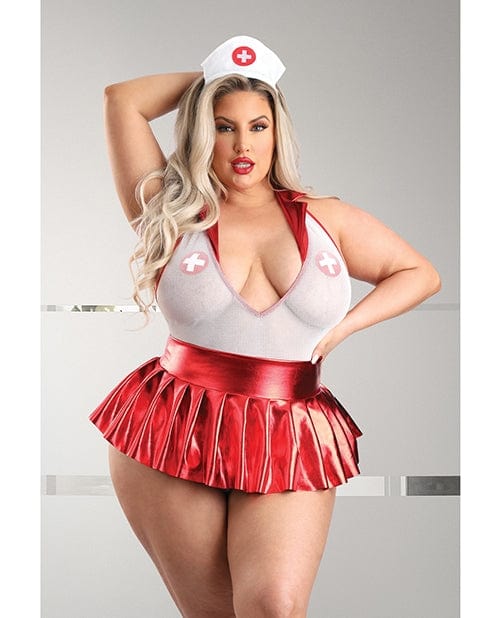 Fantasy/Bedroom Play Pulse Check Collared Teddy w/Open Back, Pleated Skirt, Medic Hat & Pasties Red/White 3X/4X