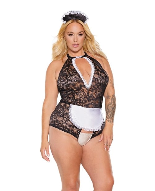 Fantasy/Bedroom Scallop Stretch Lace Crotchless Maid Teddy w/Headpiece Black/White OS/XL