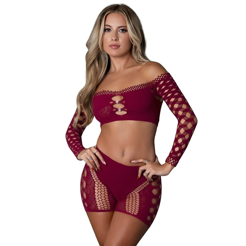 Lingerie - Bra and Panty sets MS Seamless Crop & Short Burgundy OS