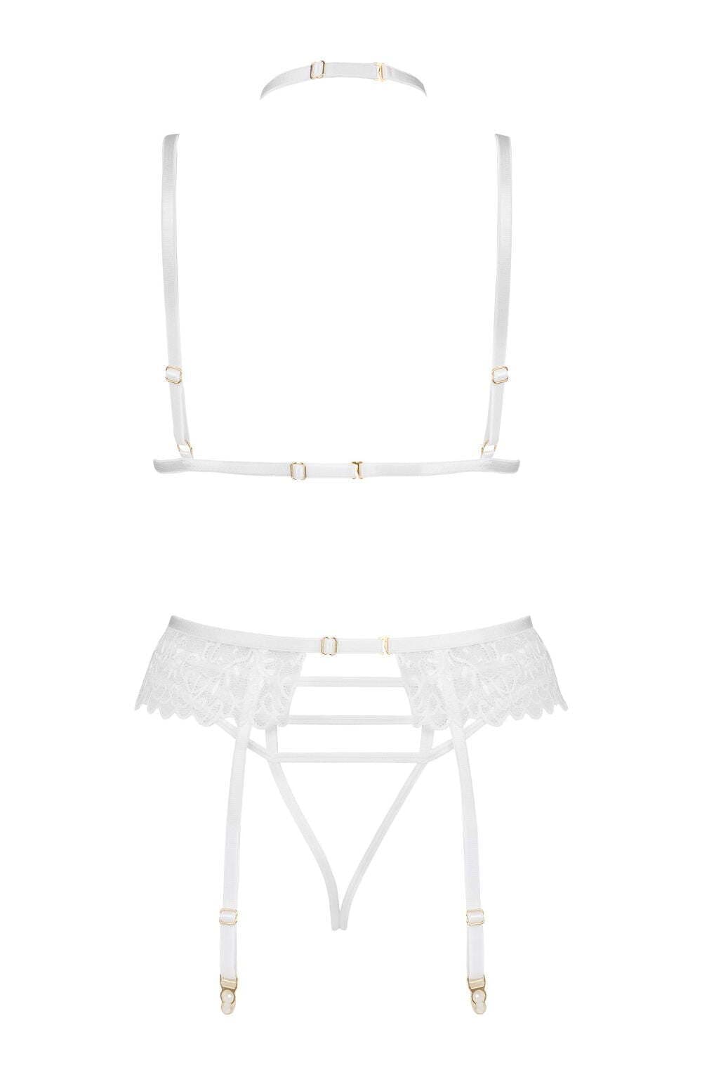 Lingerie Sets Beauty Night BN6724 Noemi Lace Bra, Garter & Open Thong Set – White