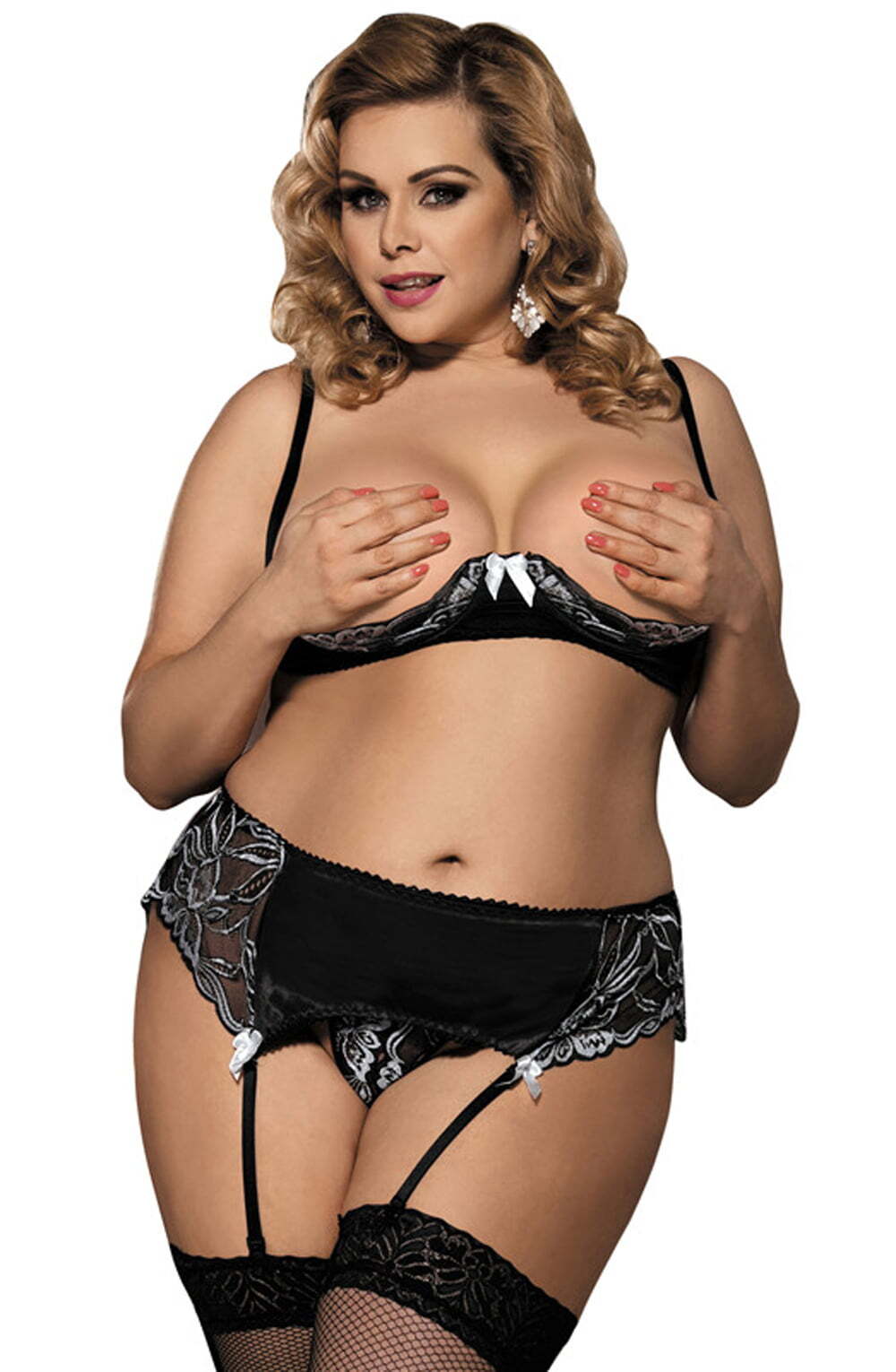 Lingerie Sets YesX YX825Q Plus Size Shelf Bra, Garter & Thong Set – Black