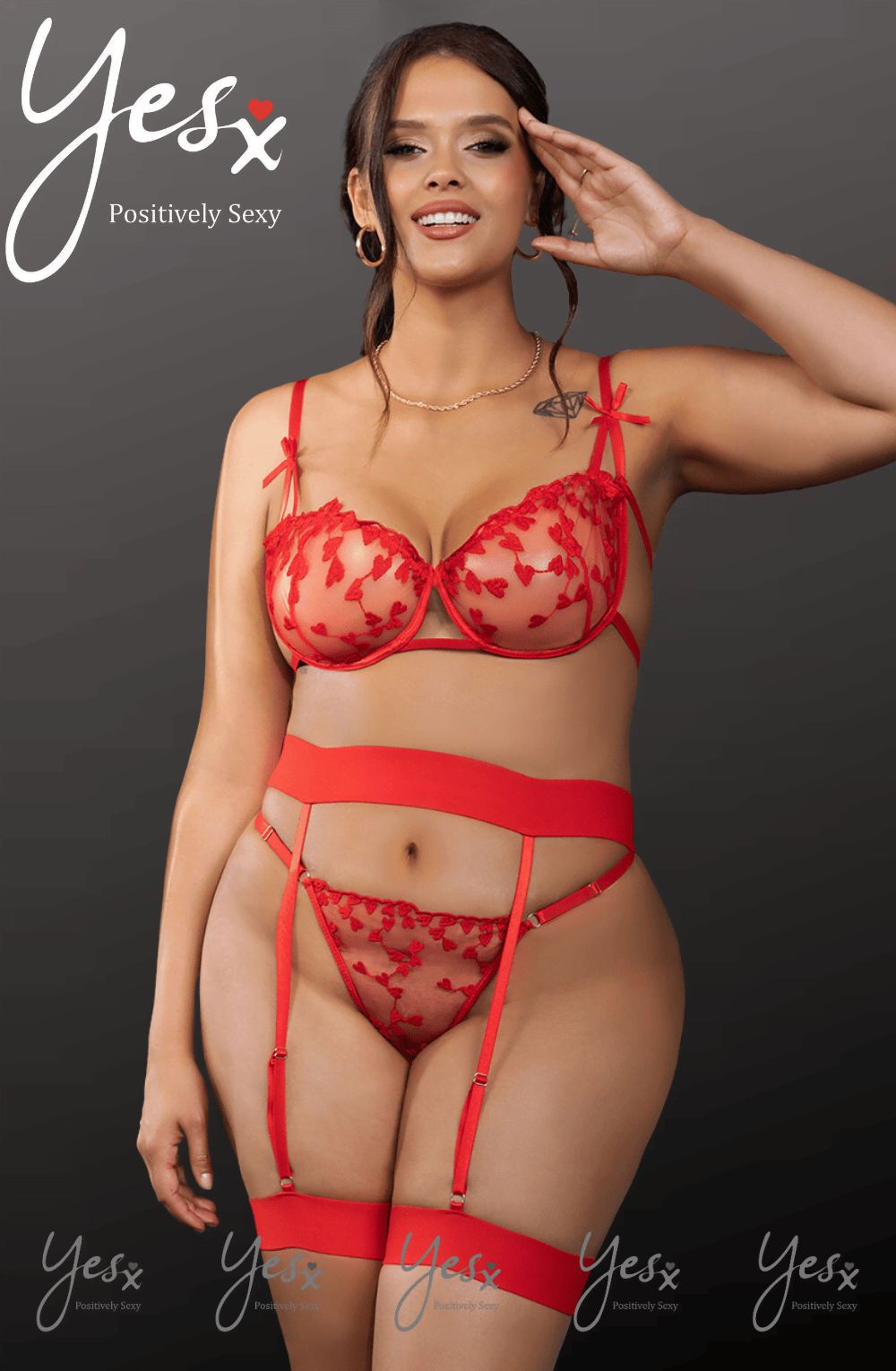 Lingerie Sets YesX YX845Q Plus Size Heart Bra, Garter & Brief Set – Red