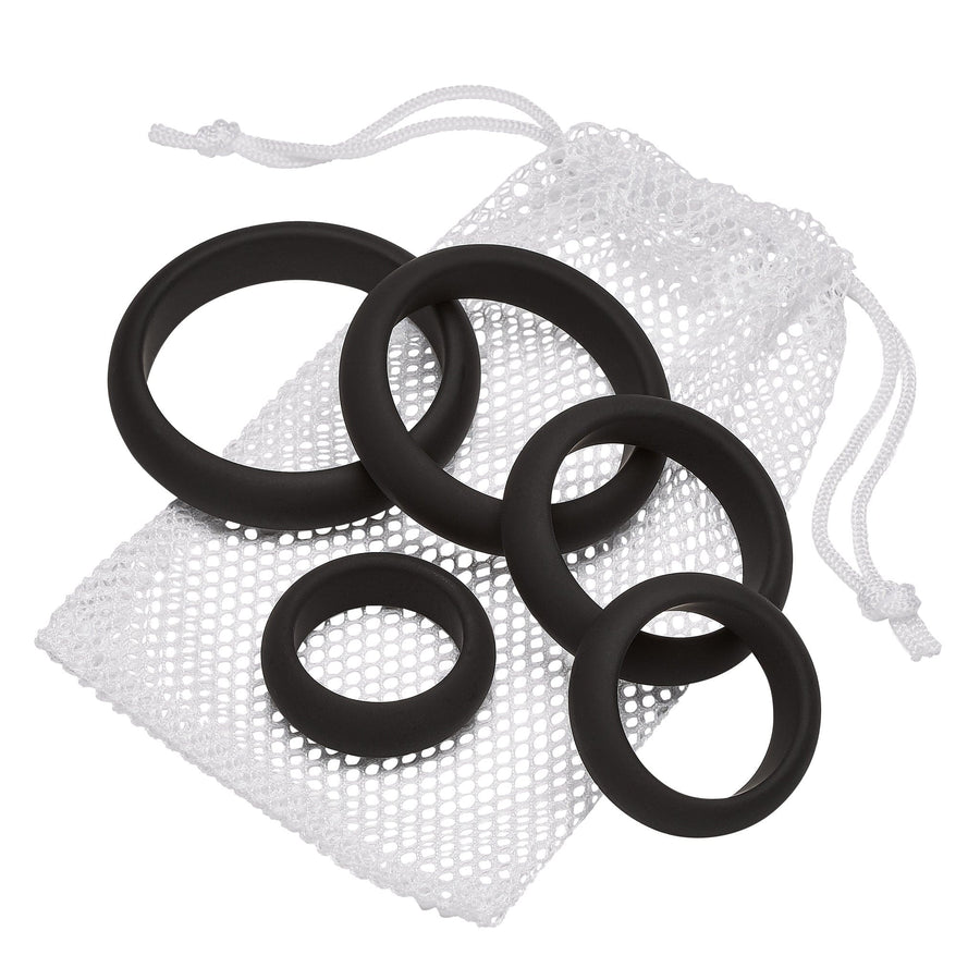 Cloud 9 flat-back stretchy cock rings five-pack in multiple sizes