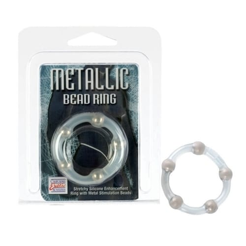 CalExotics clear stretchy cock ring with five metallic beads