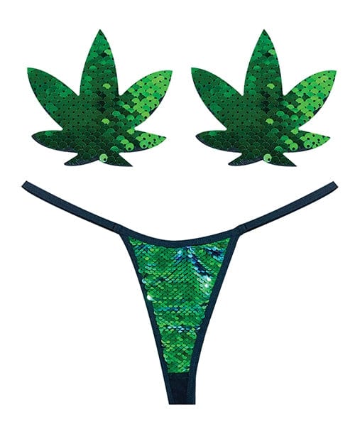 Pasties Neva Nude Naughty Knix Weed Leaf Sequin G-String & Pasties - Green  O/S