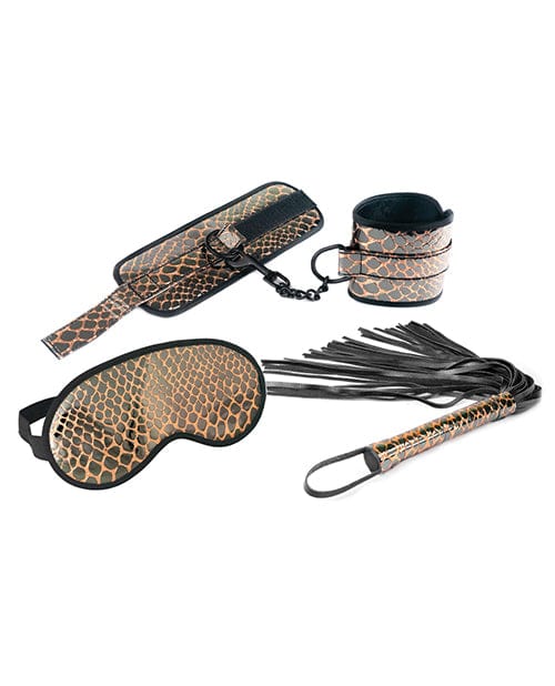 Restraint Kits Spartacus Faux Leather Wrist Restraints Blindfold & Flogger Bondage Kit - Gold