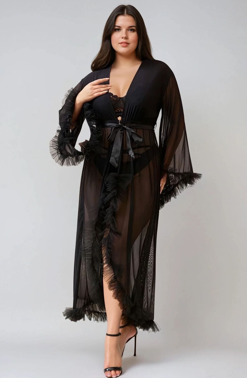 Robes YesX YX735Q Sexy Mesh Ruffled Long Robe