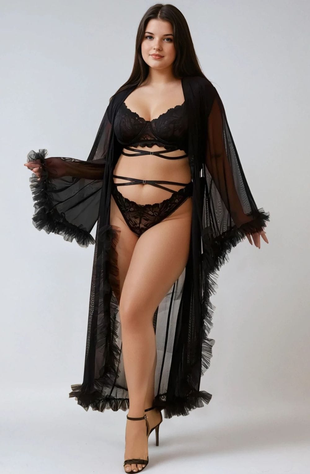 Robes YesX YX735Q Sexy Mesh Ruffled Long Robe