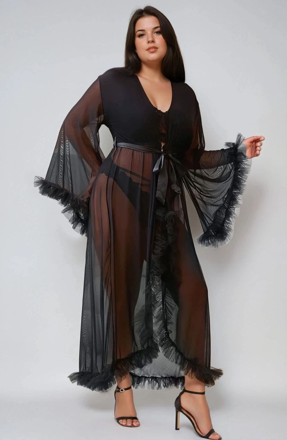 Robes YesX YX735Q Sexy Mesh Ruffled Long Robe