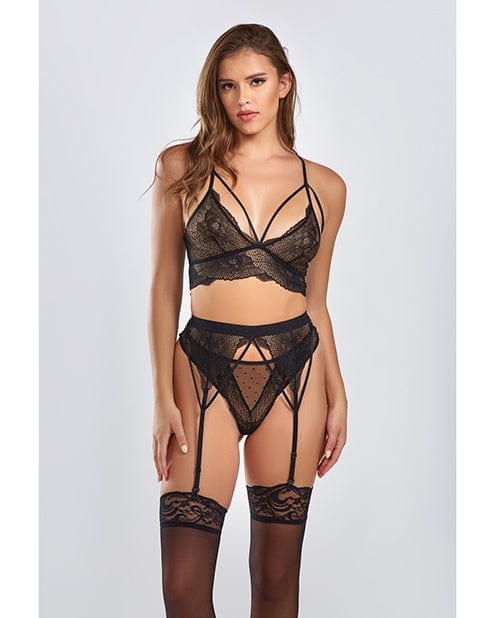 Sets Everly Dot Mesh & Galloon Lace Strappy Bra, Garterbelt & Hipster Panty Black 1X