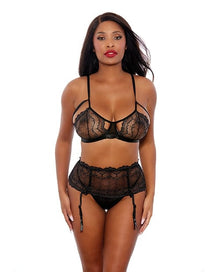 Sets Two Tone Scalloped Lace Bra, High Waist Garter Belt & G-String Black/Silver SM