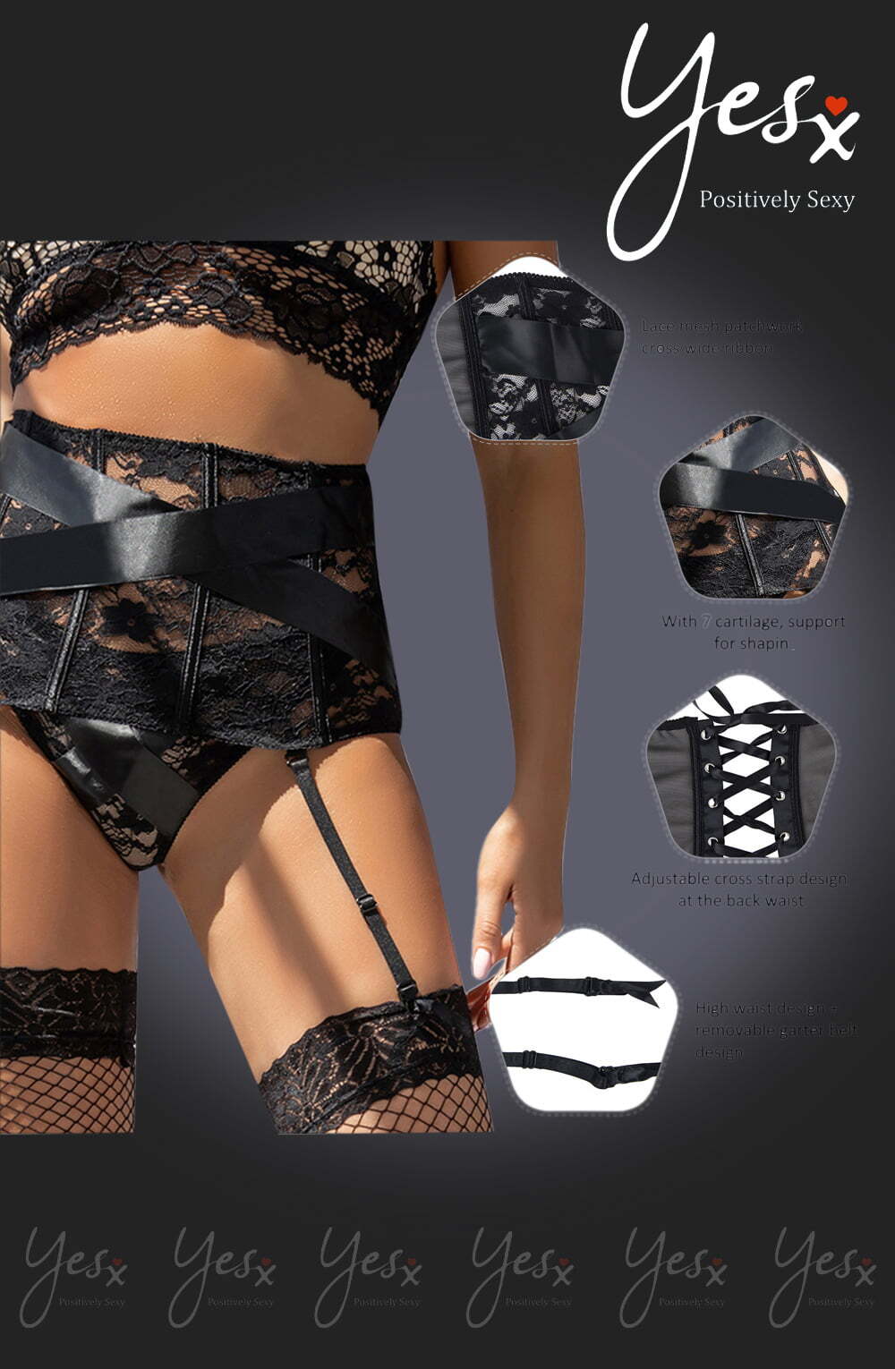 Suspender Belts YesX YX984 Suspender Belt & Thong Set Black