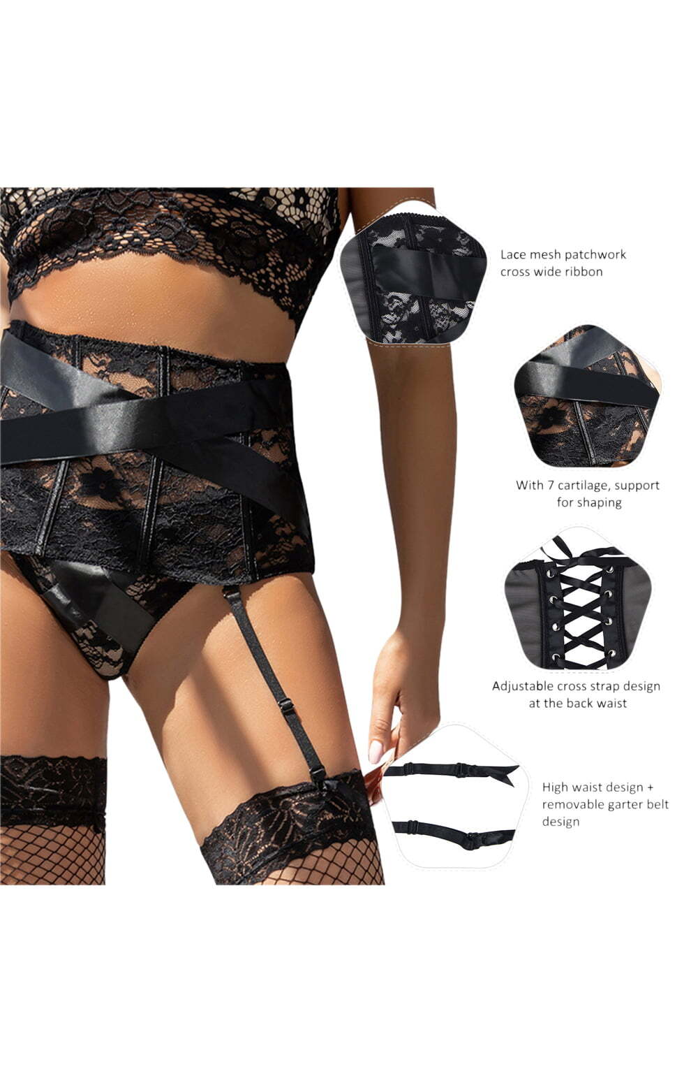 Suspender Belts YesX YX984 Suspender Belt & Thong Set Black