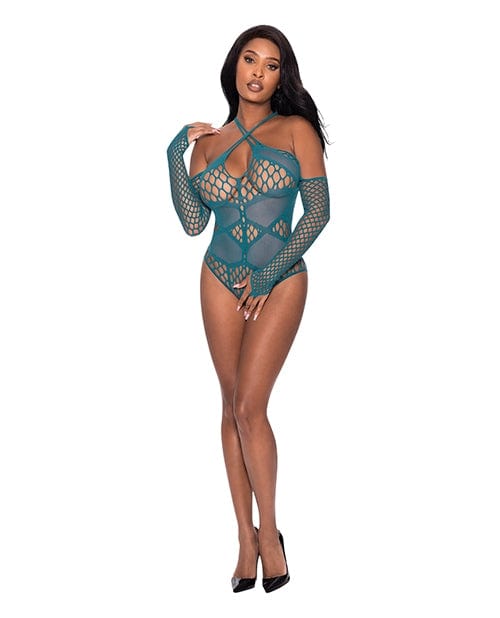 Teddies Exposed Seamless Long Sleeve Crotchless Teddy – Turquoise, One Size