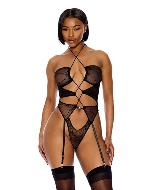 Teddies Forplay Pull My Strings Sheer Mesh Halter Teddy – Black, XL