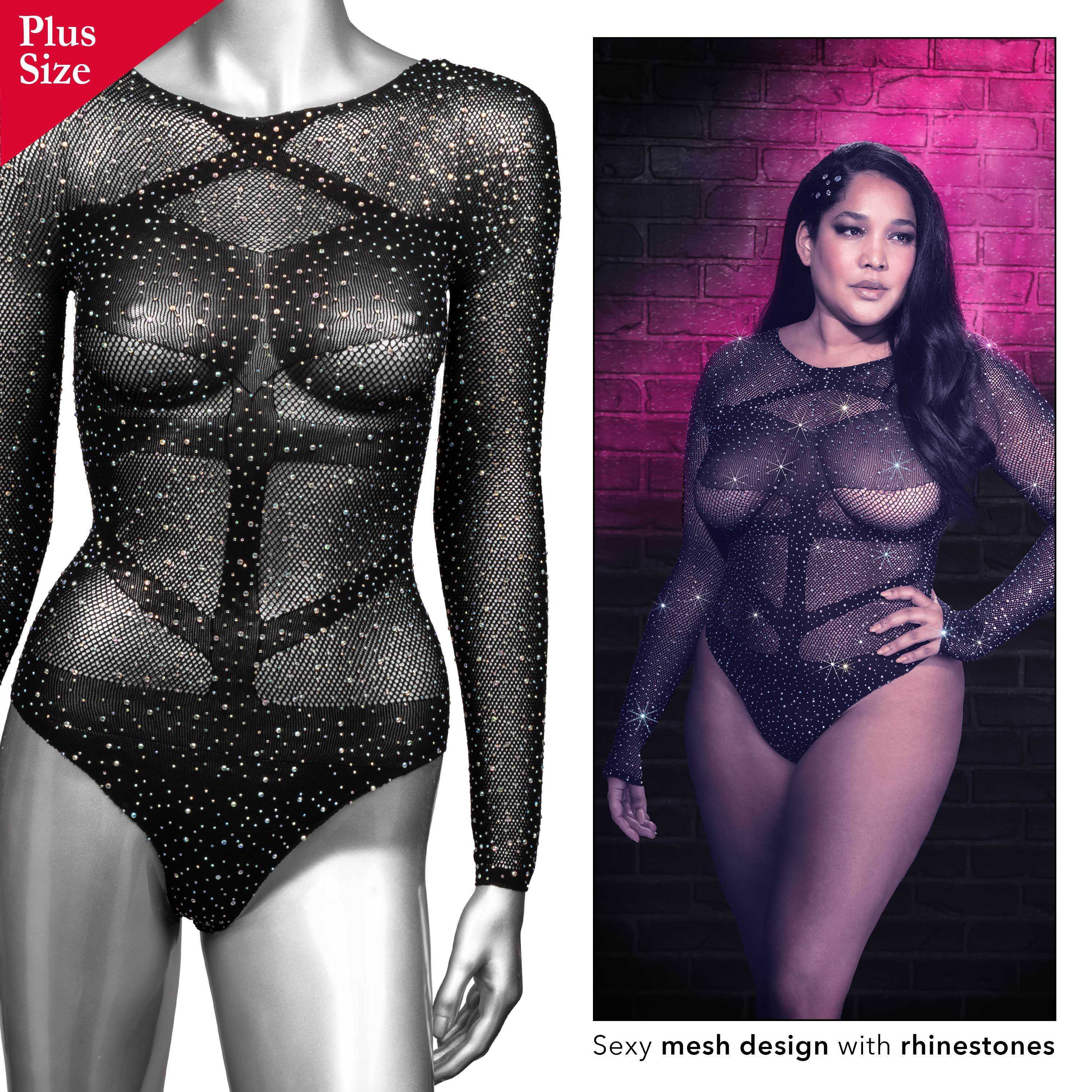 Teddies Radiance Plus Size Rhinestone Bodysuit – Black, Queen