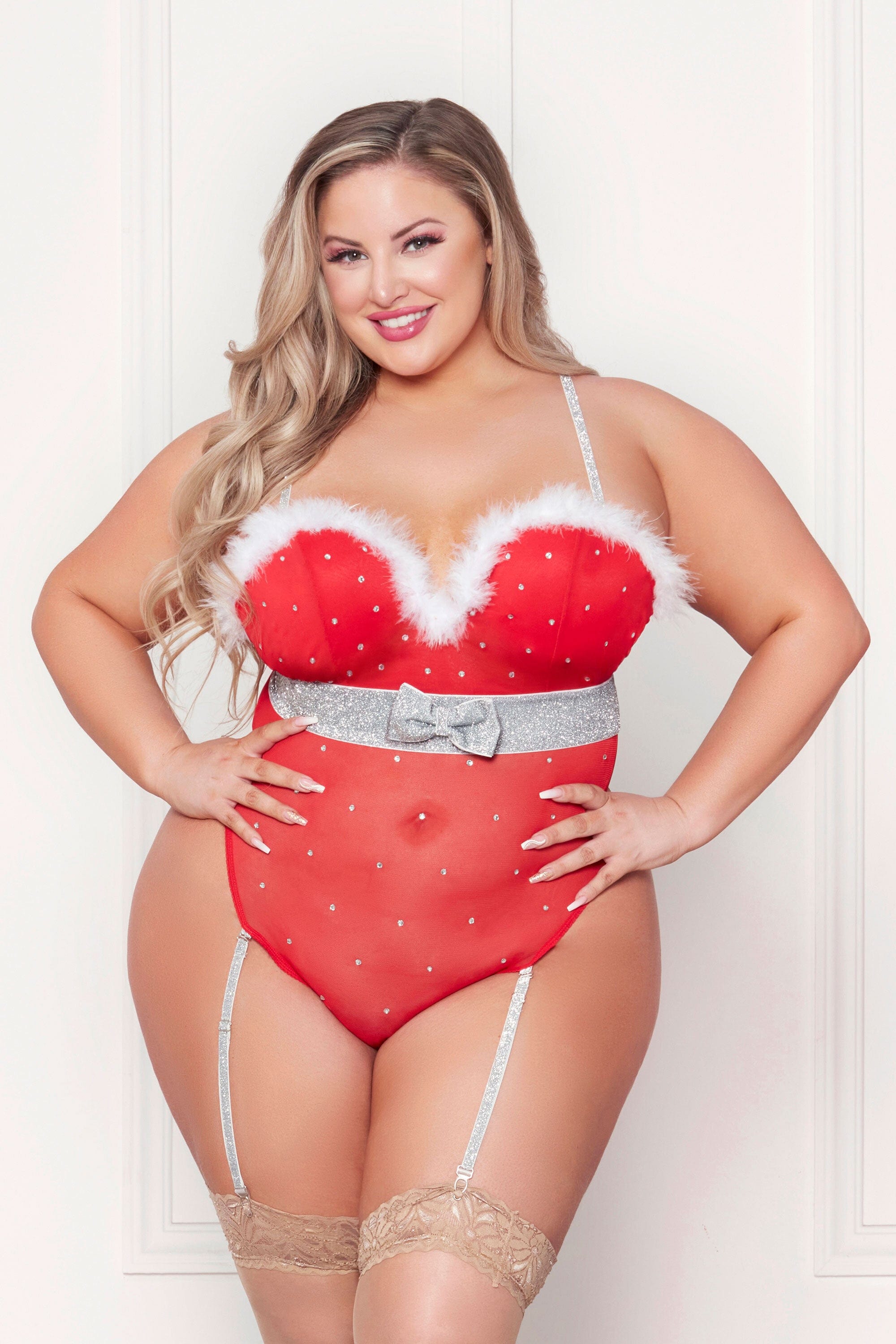 Teddies Rhinestone Studded Mesh Teddy With Marabou Trim - 3x/4x - Red