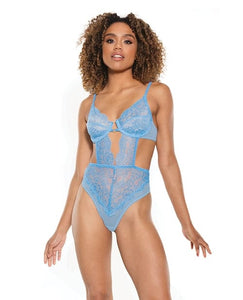 Teddies Scallop Stretch Lace & Sheer Mesh Teddy w/Front V Cut Out Blue MD