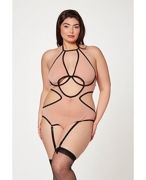 Teddys Seven 'til Midnight Plus Size Mesh Cut-Out Halter Teddy – Black/Nude, Queen